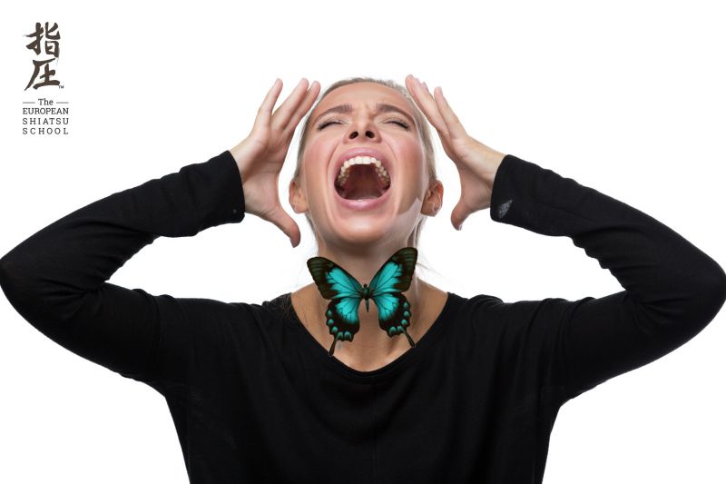 Portrait of stressed blond woman on white background